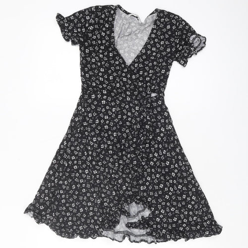 Pull&Bear Women's Black Floral Wrap Dress XS
