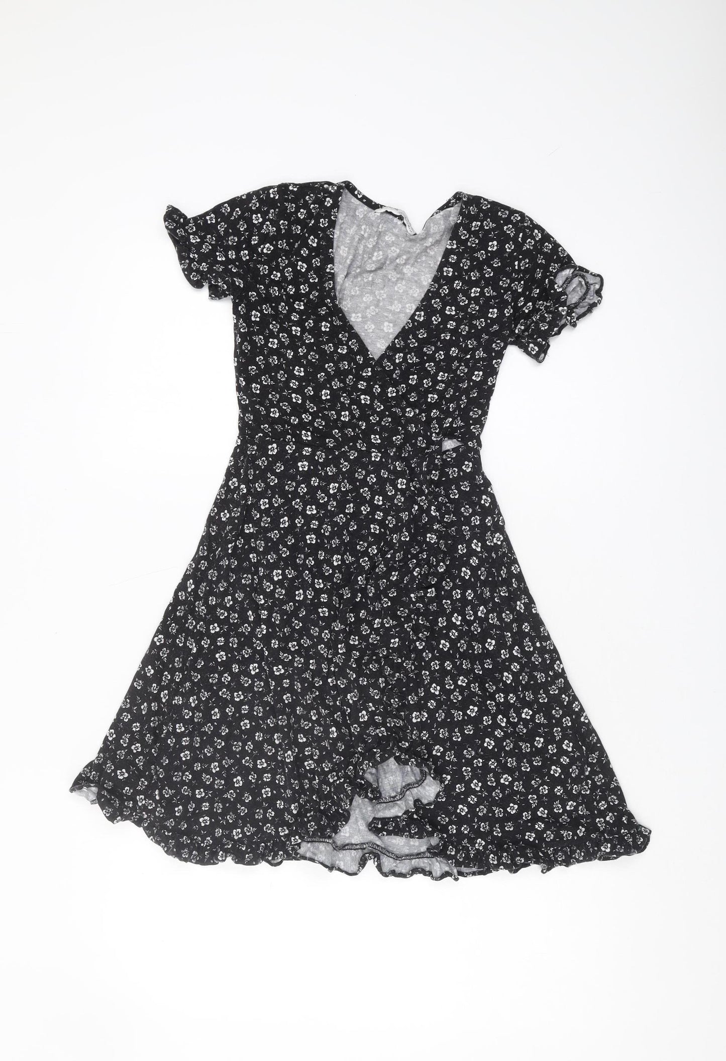 Pull&Bear Women's Black Floral Wrap Dress XS