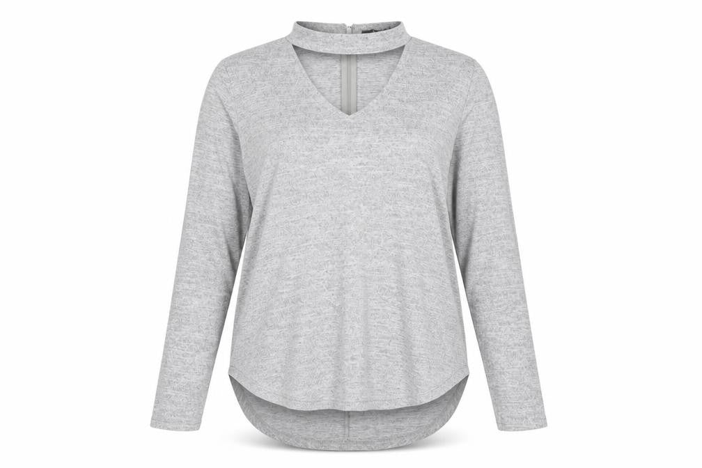 Front view of Quiz women’s grey long sleeve knit top, size UK 12