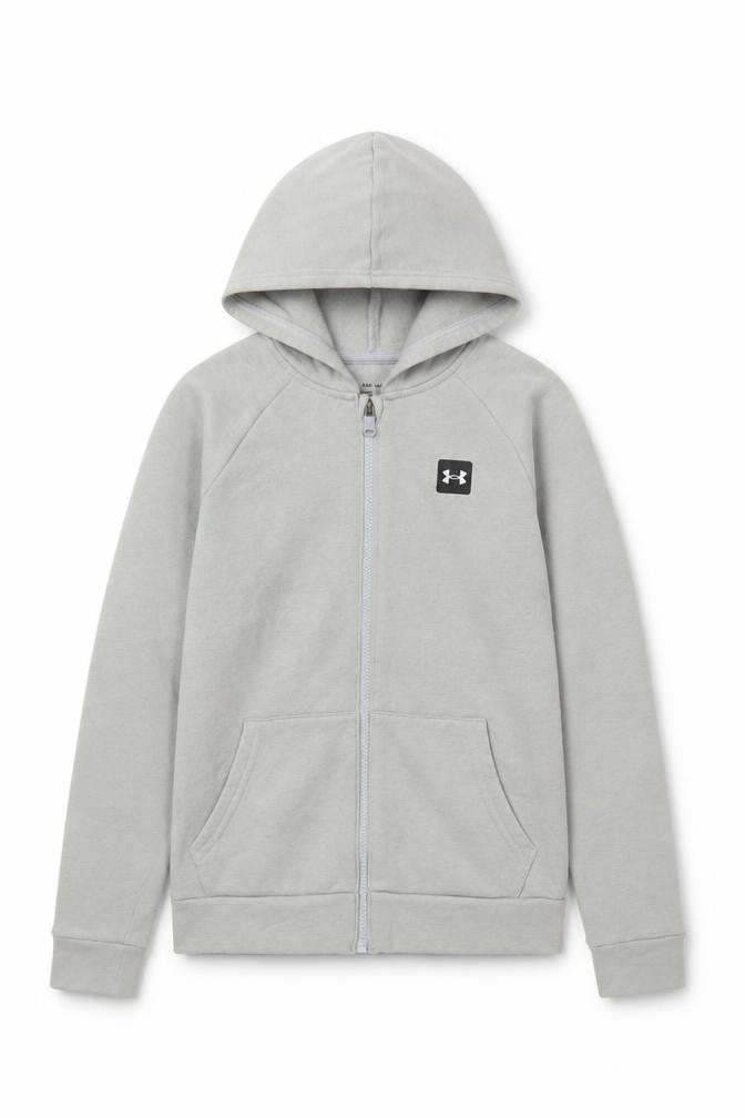 Front view of Under Armour boys’ grey full zip hoodie - size large