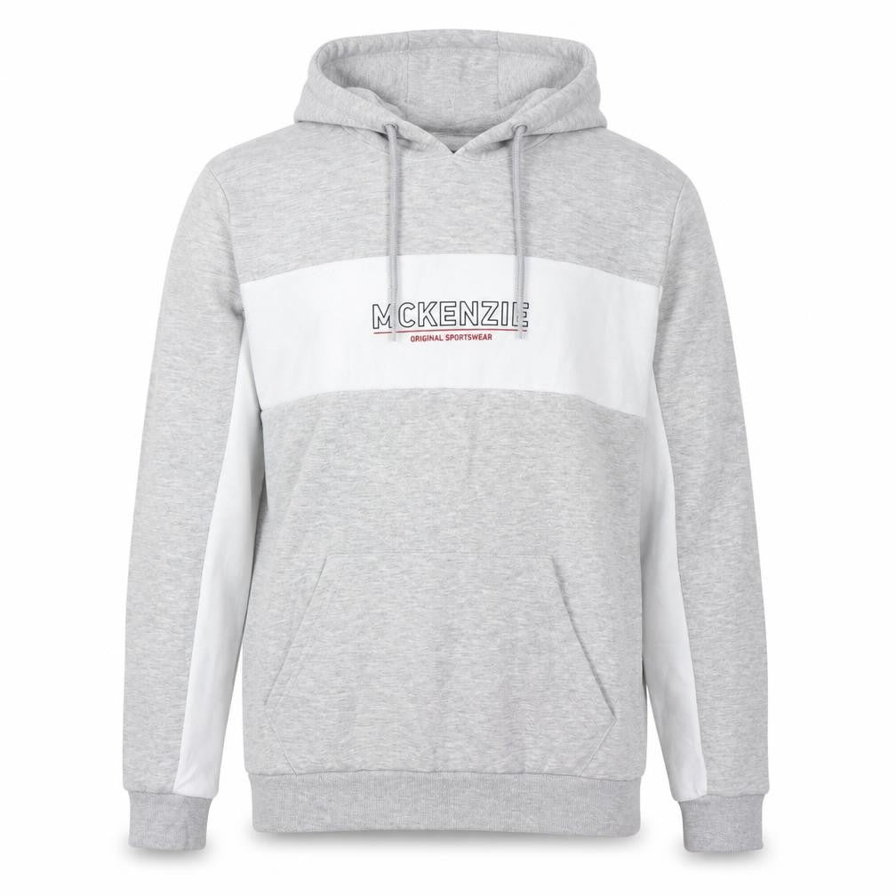 Front view of McKenzie Men's Grey Pullover Hoodie - Large, Logo Print
