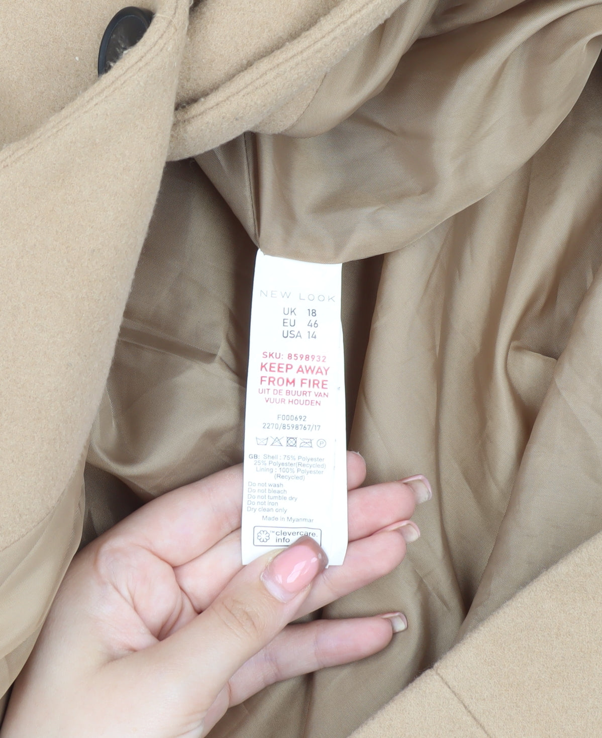 New Look Women's Beige Overcoat, Size 18, Button Closure