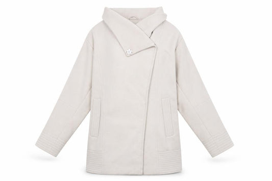 Front view of ASOS Women's Beige Long Coat, size 6, with Button Accent