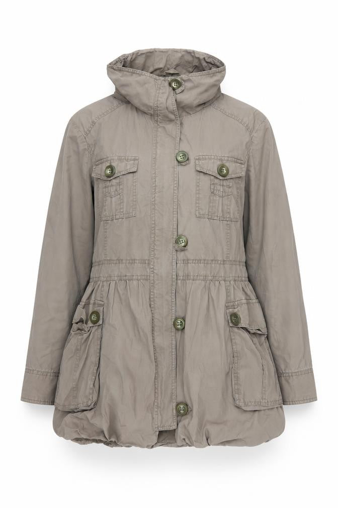 Front view of Ernie Women's Brown Military Hooded Jacket, size 16
