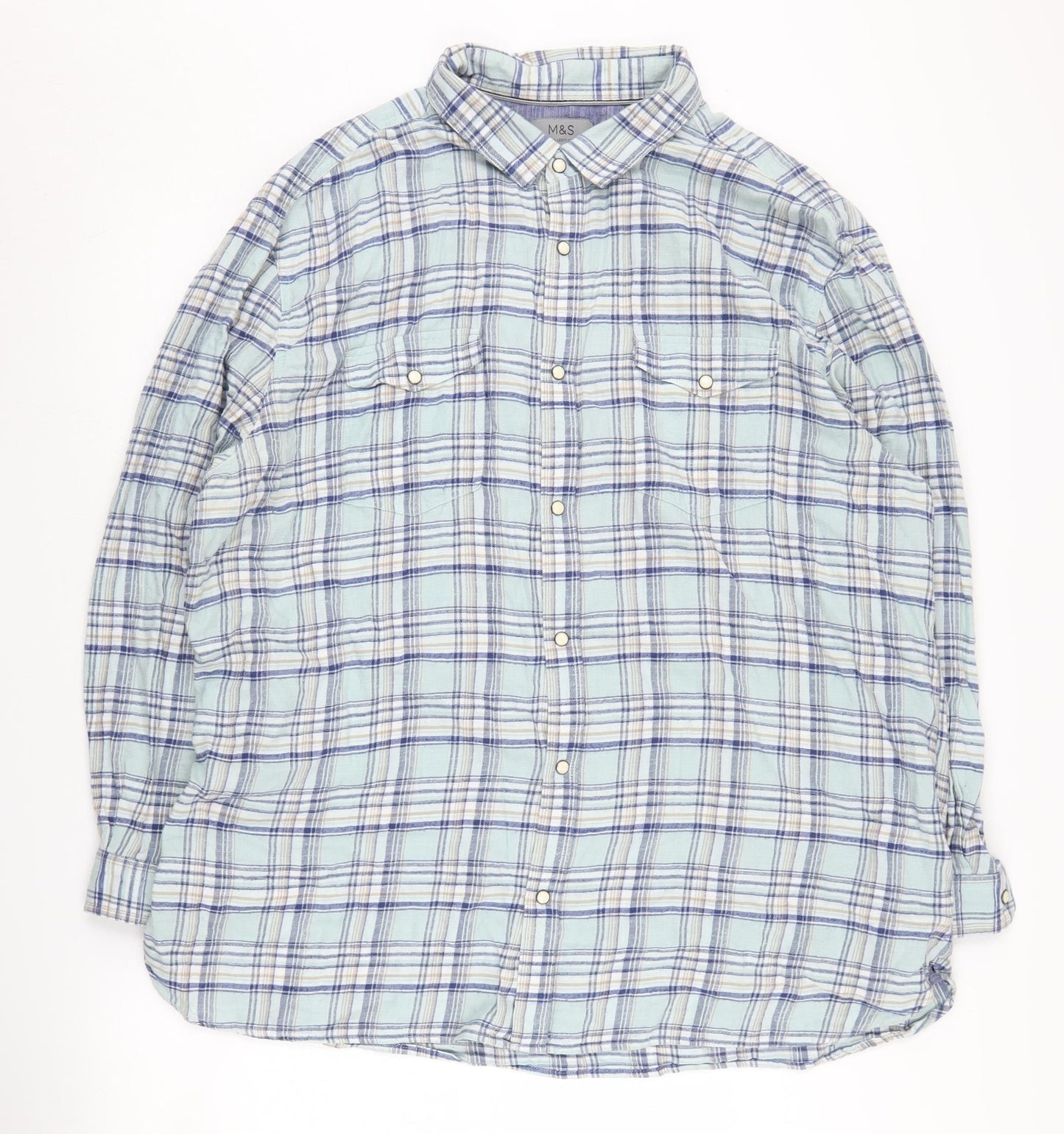 Marks and Spencer Men's Blue Plaid Button-Up Shirt, 3XL