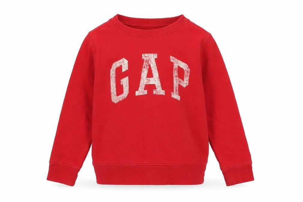 Front view of Gap boys’ red pullover sweatshirt, logo graphic, 5 years