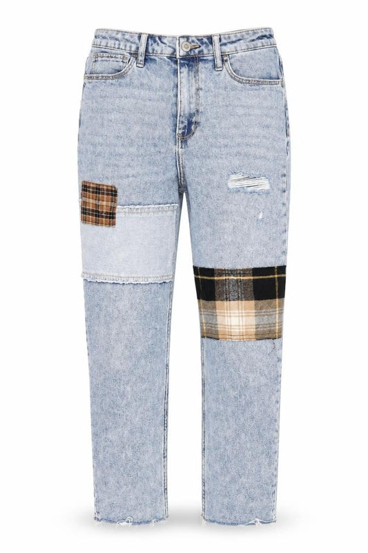 Front view of Hollister Women's Blue Mom Jeans, size 3R, High-Rise, Distressed