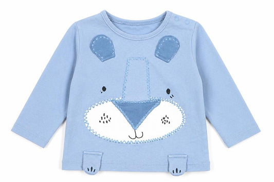 Front view of Next unisex baby blue animal print long sleeve t-shirt 3-6 months