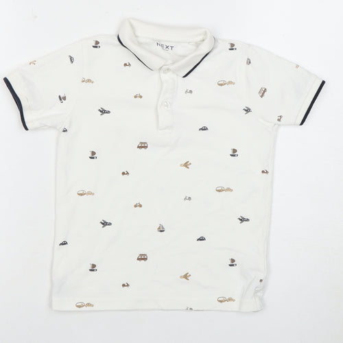 Next Boys White Polo Shirt 4-5 Years with Transportation Print