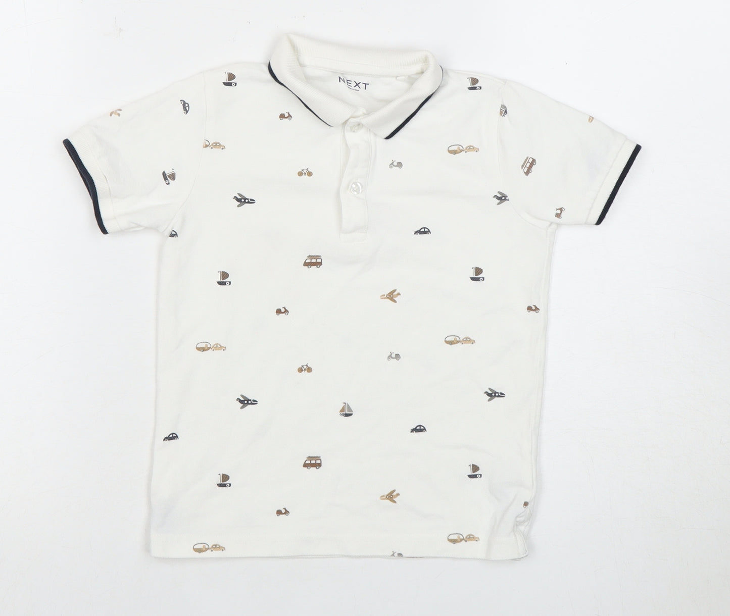 Next Boys White Polo Shirt 4-5 Years with Transportation Print
