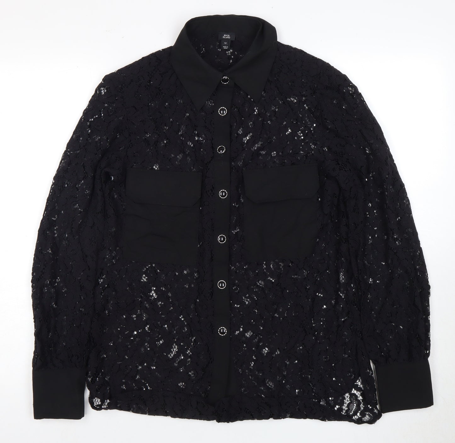 River Island Women's Black Lace Button-Up Top Size 12