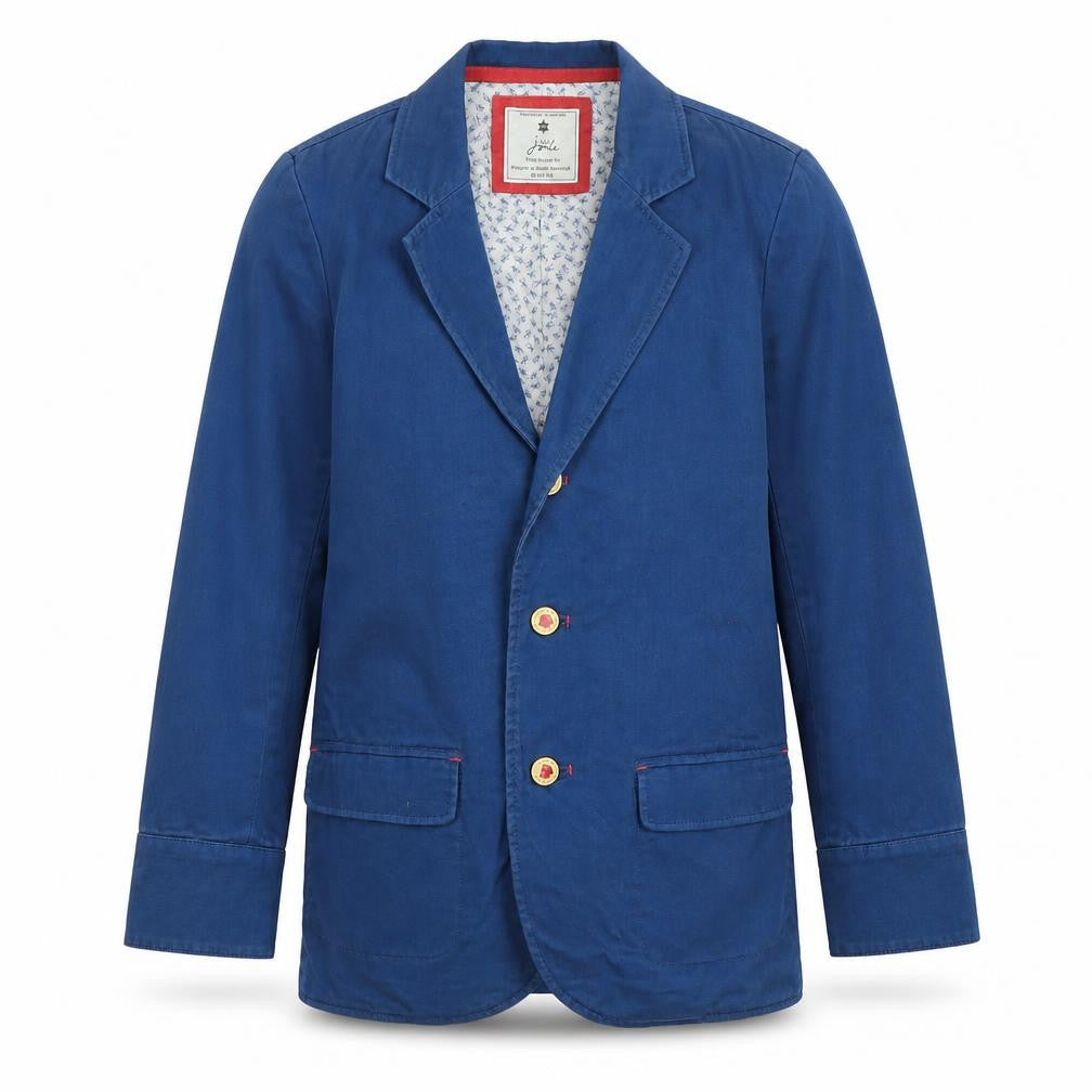 Front view of Joules boys’ blue cotton blazer, 11-12 years, regular fit