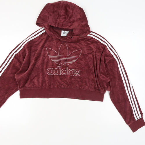 Adidas Women's Red Velour Hoodie Size 14 Logo Accents