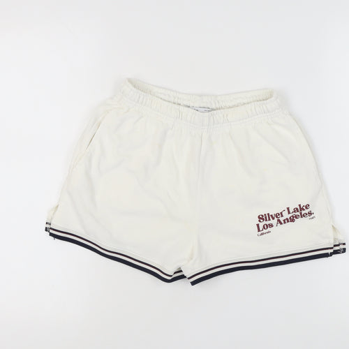 Bershka Women's White Casual S Shorts, Mid-Rise Jersey