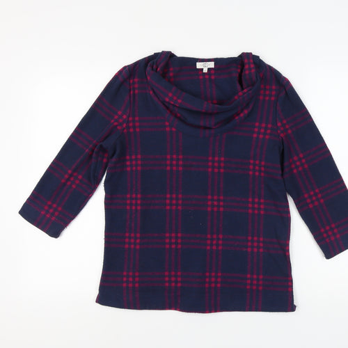 Country Casuals Women's Blue Plaid 3/4 Sleeve Cowl Neck Top