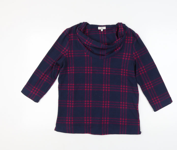 Country Casuals Women's Blue Plaid 3/4 Sleeve Cowl Neck Top