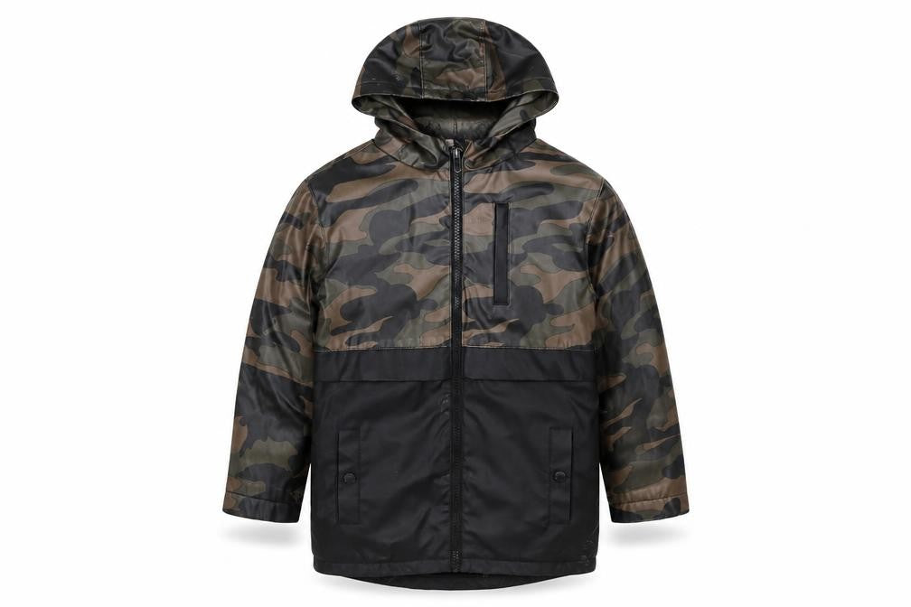 Front view of Firetrap boys’ camouflage parka 5-6 years hooded mid-length