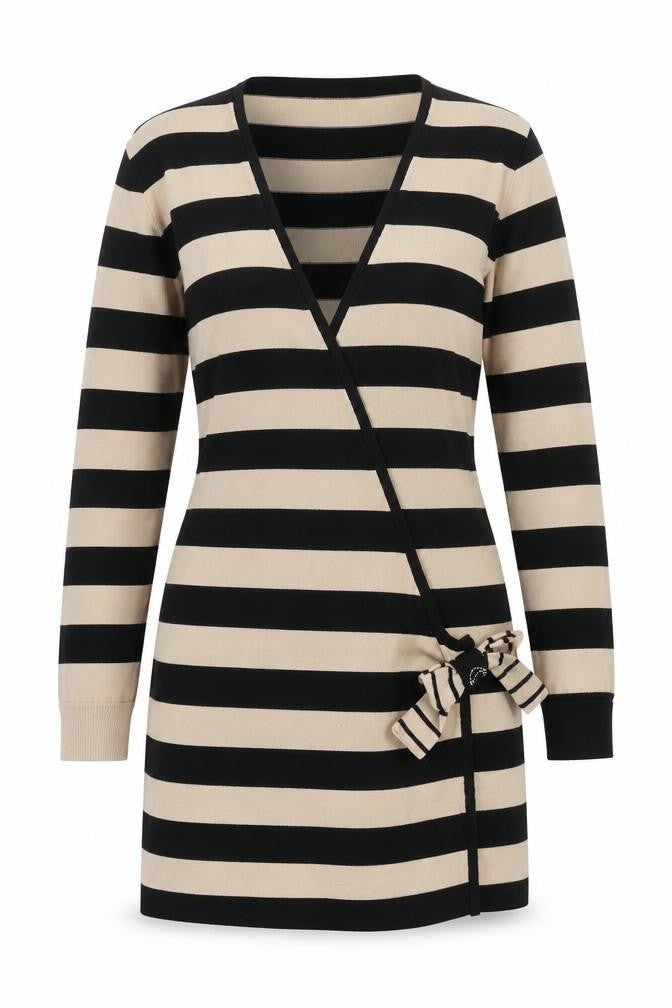 Front view of Morgan Women's Black Striped Wrap Jumper -, size S