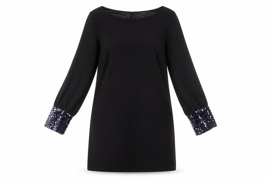 Front view of Paraphrase Black Shift Dress, Women, size 10, Sequin Cuffs