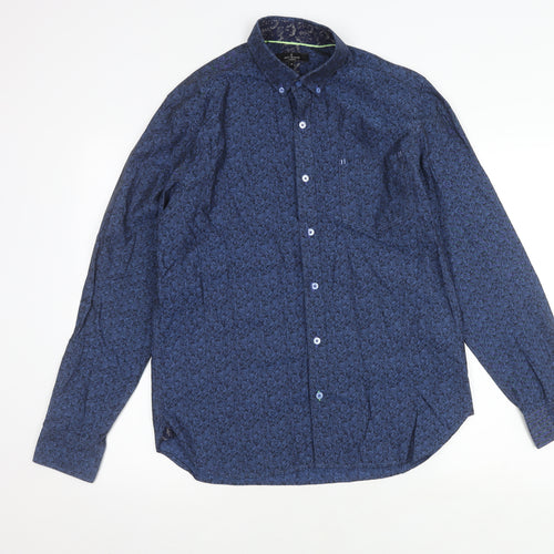 Jeff Banks Men's Blue Floral Button-Up Shirt M