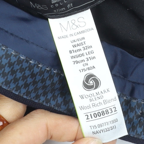 Marks and Spencer Men's Blue Slim Fit Trousers 32