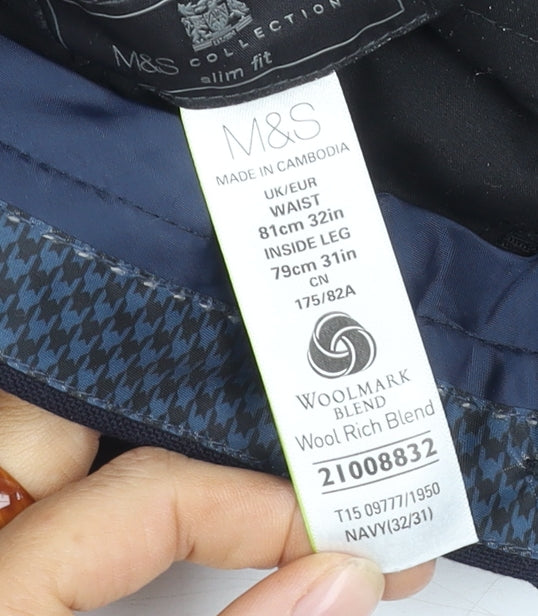 Marks and Spencer Men's Blue Slim Fit Trousers 32