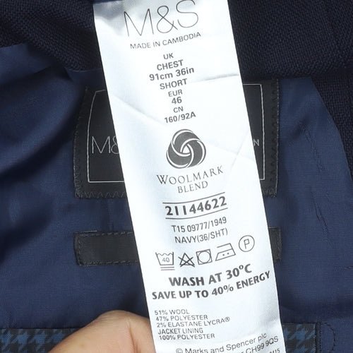Marks and Spencer Men's Blue Blazer, Size 36S