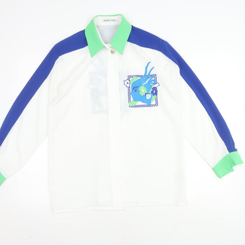 Jacques Vert Women's White/Blue/Green Button-Up Shirt, Size 12
