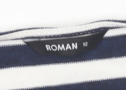 Roman Women’s Blue Striped V-Neck Top, Size 12