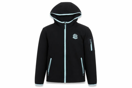 Front view of BWEC girls’ black hooded track jacket, 10-11 years, activewear