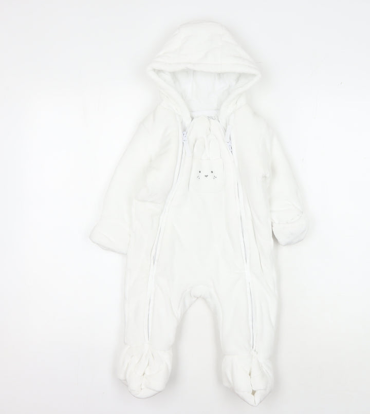 Marks and Spencer White Unisex Babygrow, 9-12 Months, Hooded