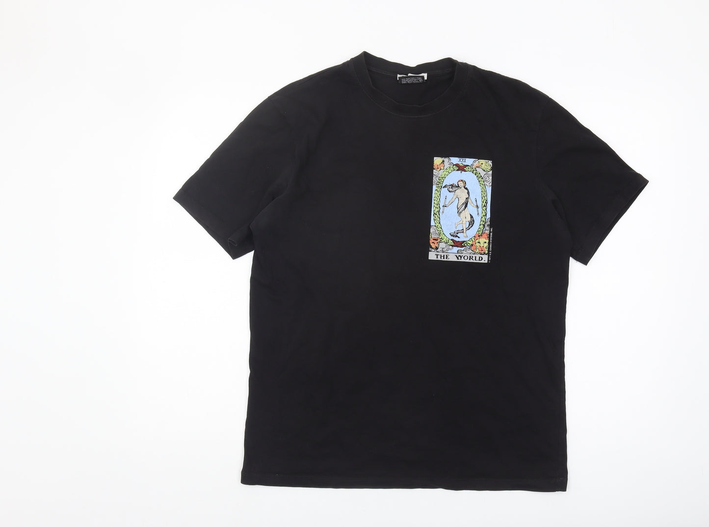 Zara Men's Medium Black Tarot T-Shirt, Cotton, Graphic Print