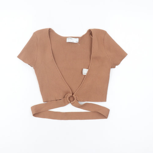 Bershka Women's Brown Cropped V-Neck Top - Size 2