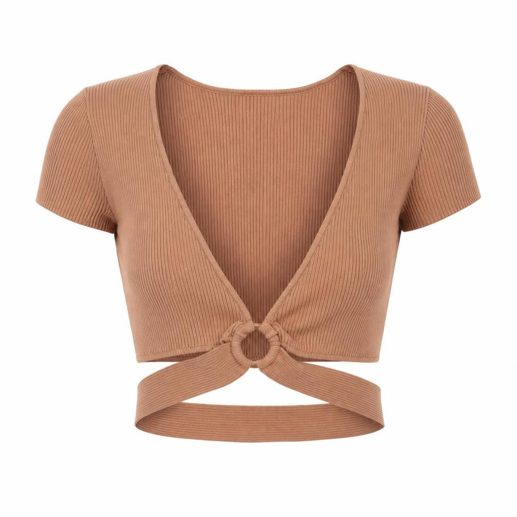 Front view of Bershka Women's Brown Cropped V-Neck Top -, size 2