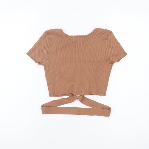 Bershka Women's Brown Cropped V-Neck Top - Size 2