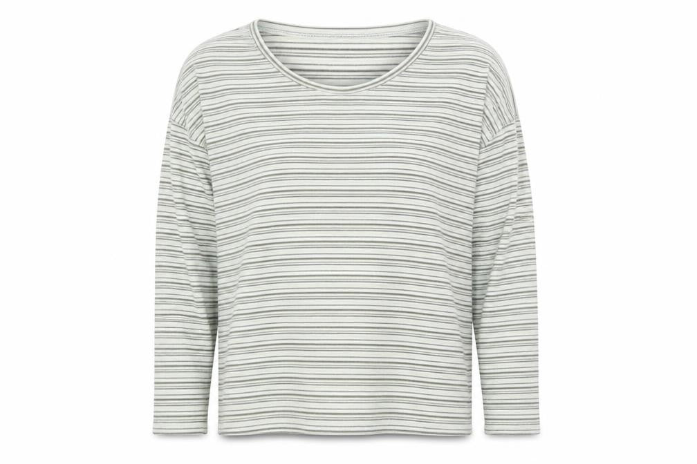 Front view of ISLE Essentials Women's Grey Striped M T-Shirt