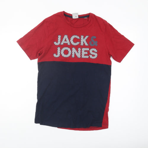 Jack & Jones Men's Red Blue Colourblock T-Shirt, Size S