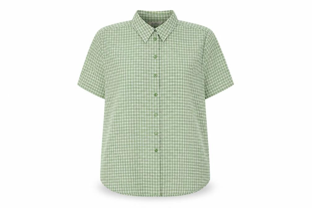 Front view of Joie de Vivre Women's Green Check Button-Up Shirt, size 18