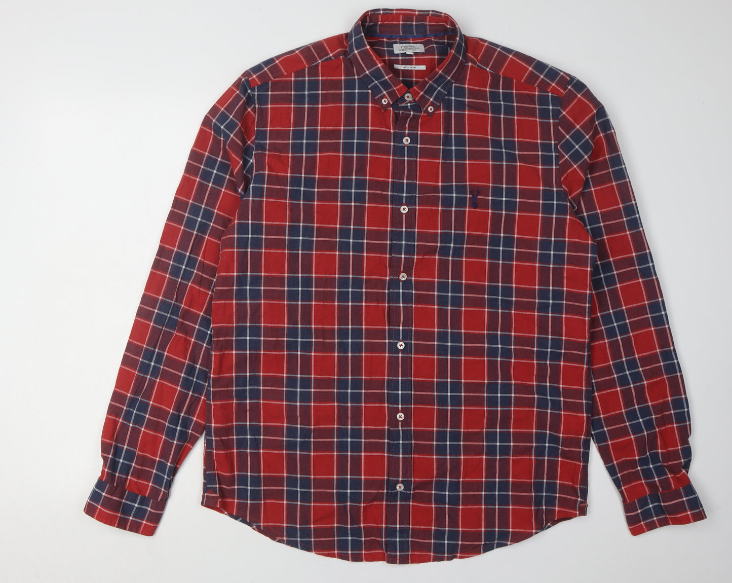 Next Men's Red Check Long Sleeve Shirt, Size L, Cotton Casual