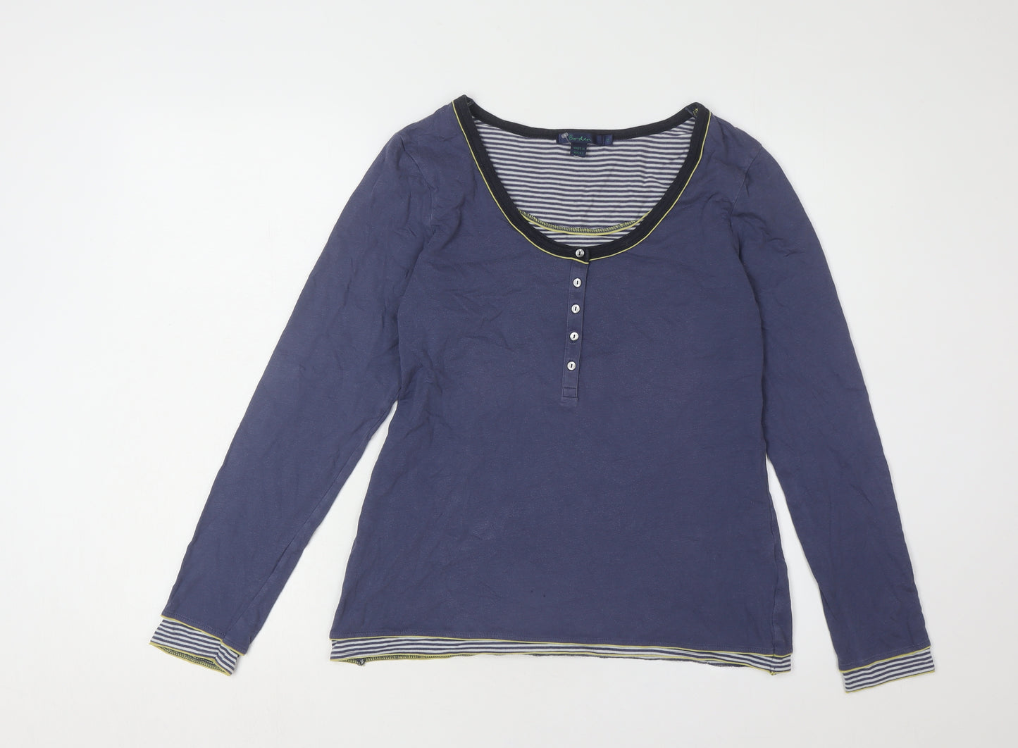 Boden Women's Blue Striped Henley Long Sleeve T-Shirt