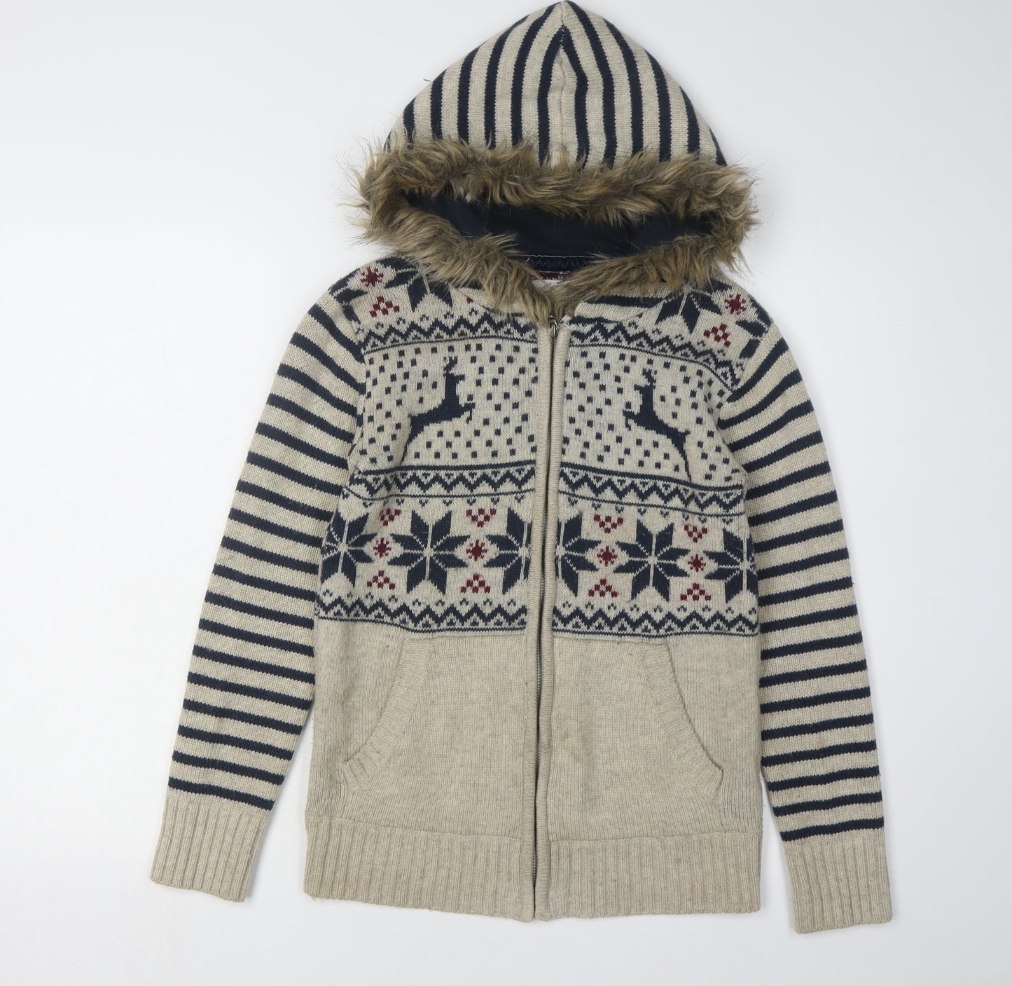 Mantaray Women’s Grey Fair Isle Hooded Cardigan Size 8