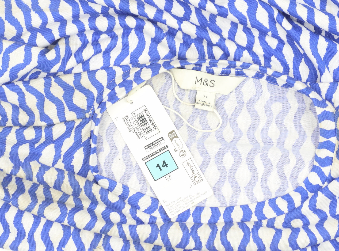 Marks and Spencer Women's Blue Geometric T-Shirt, Size 14