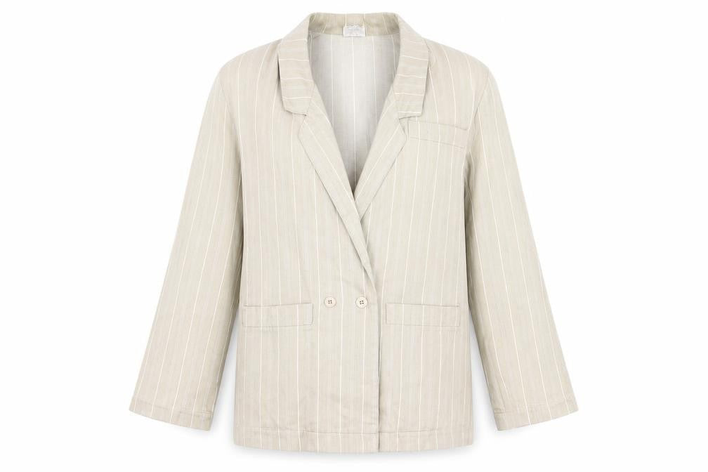 Front view of Beige Women's Pinstripe Blazer, size 10, Cotton