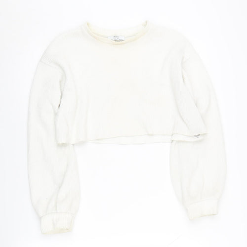 Bershka Women's White Crew Neck Jumper Size 8
