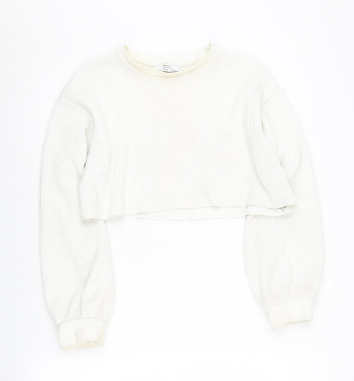 Bershka Women's White Crew Neck Jumper Size 8