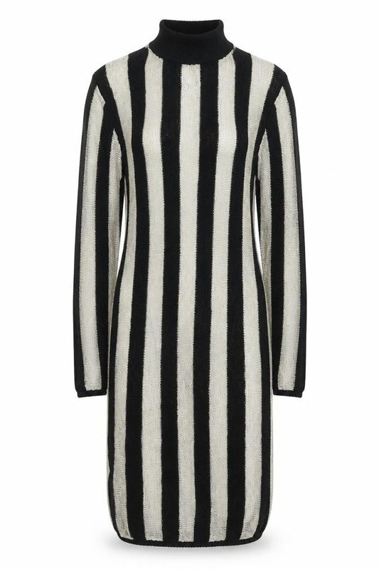 Front view of PRETTYLITTLETHING Women's Black Metallic Striped Jumper Dress, size 10