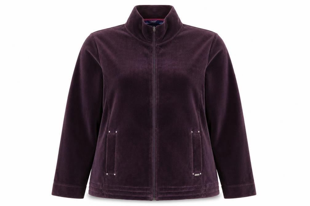Front view of Honor Millburn Women's Purple Velvet Zip Jacket