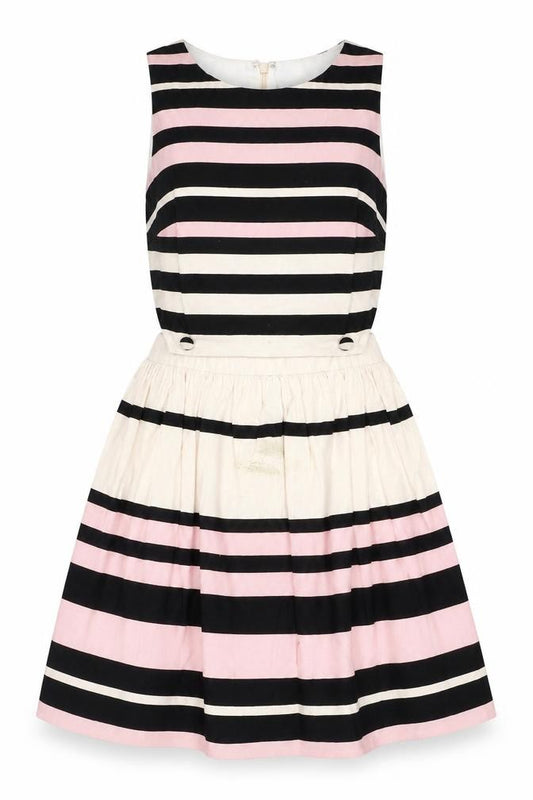 Front view of Topshop Women Pink Black Striped Dress, size 10
