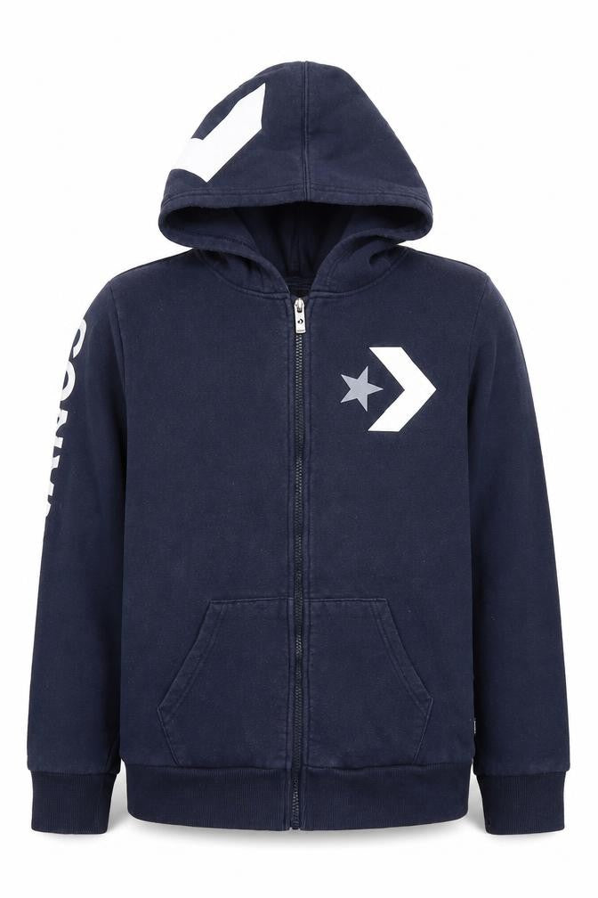 Front view of Converse boys’ blue full zip hoodie with logo, size L