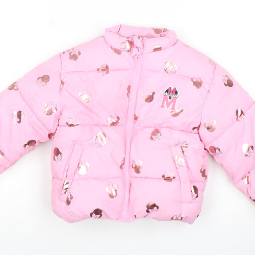 Disney Girls Pink Puffer Jacket Mickey Mouse Print 3-4Y